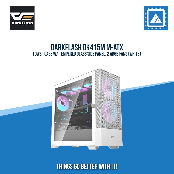 DARKFLASH DK415M M-ATX TOWER CASE W/ TEMPERED GLASS SIDE PANEL, 2 ARGB FANS (WHITE) DARKFLASH DK415M M-ATX TOWER CASE W/ TEMPERED GLASS SIDE PANEL, 2 ARGB FANS (WHITE)